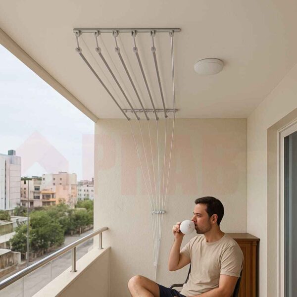 Ceiling clothes drying hanger with man